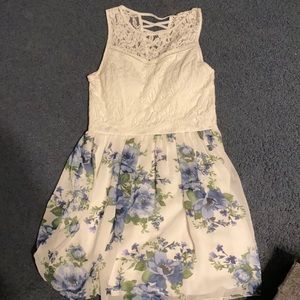 White lace dress with blue flower print